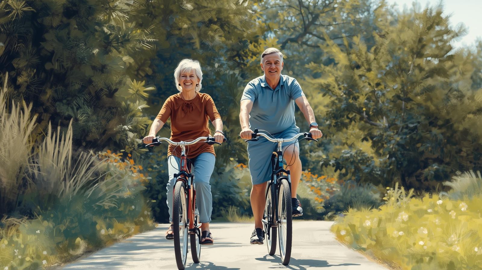 kobieta i mężczyzna w wieku 60 lat na rowerach